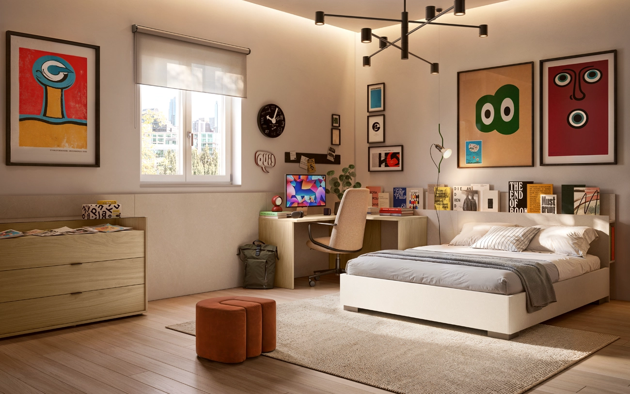 Immagine camera da letto con comò, scrivania angolare e letto matrimoniale con libreria nella testiera