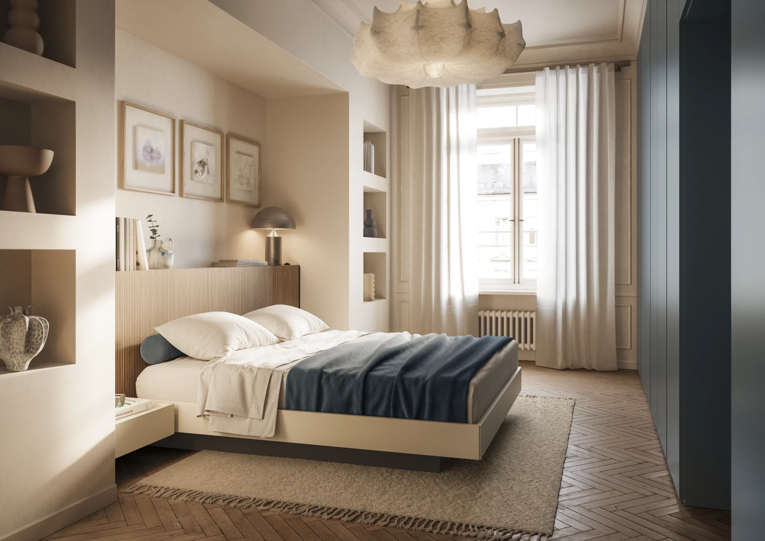 Camera con armadio blu e letto essenziale