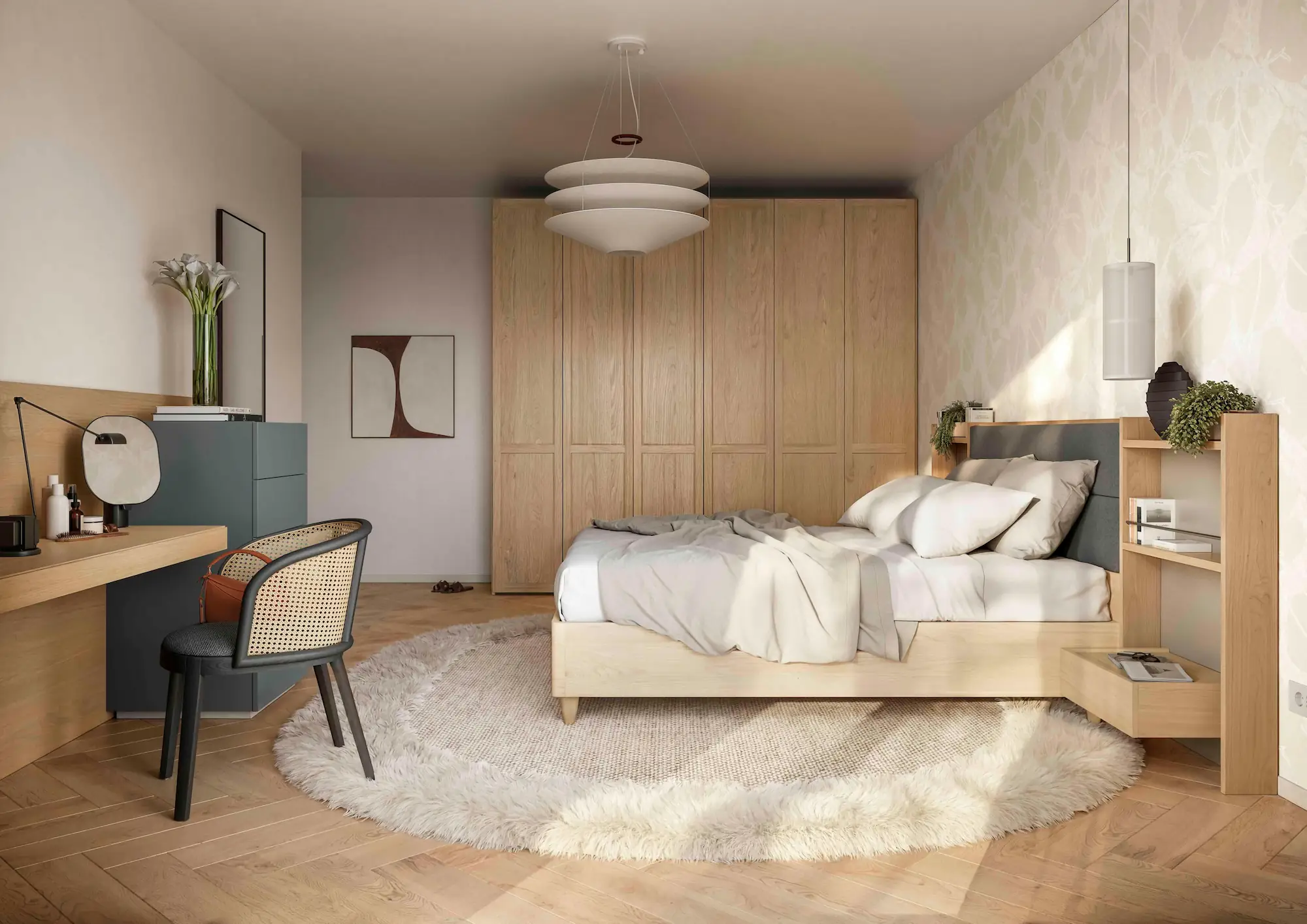 Armadio con anta a telaio in Rovere Nordico e angolo beauty con piano, settimino, specchio appoggiato sulla mensola e seduta