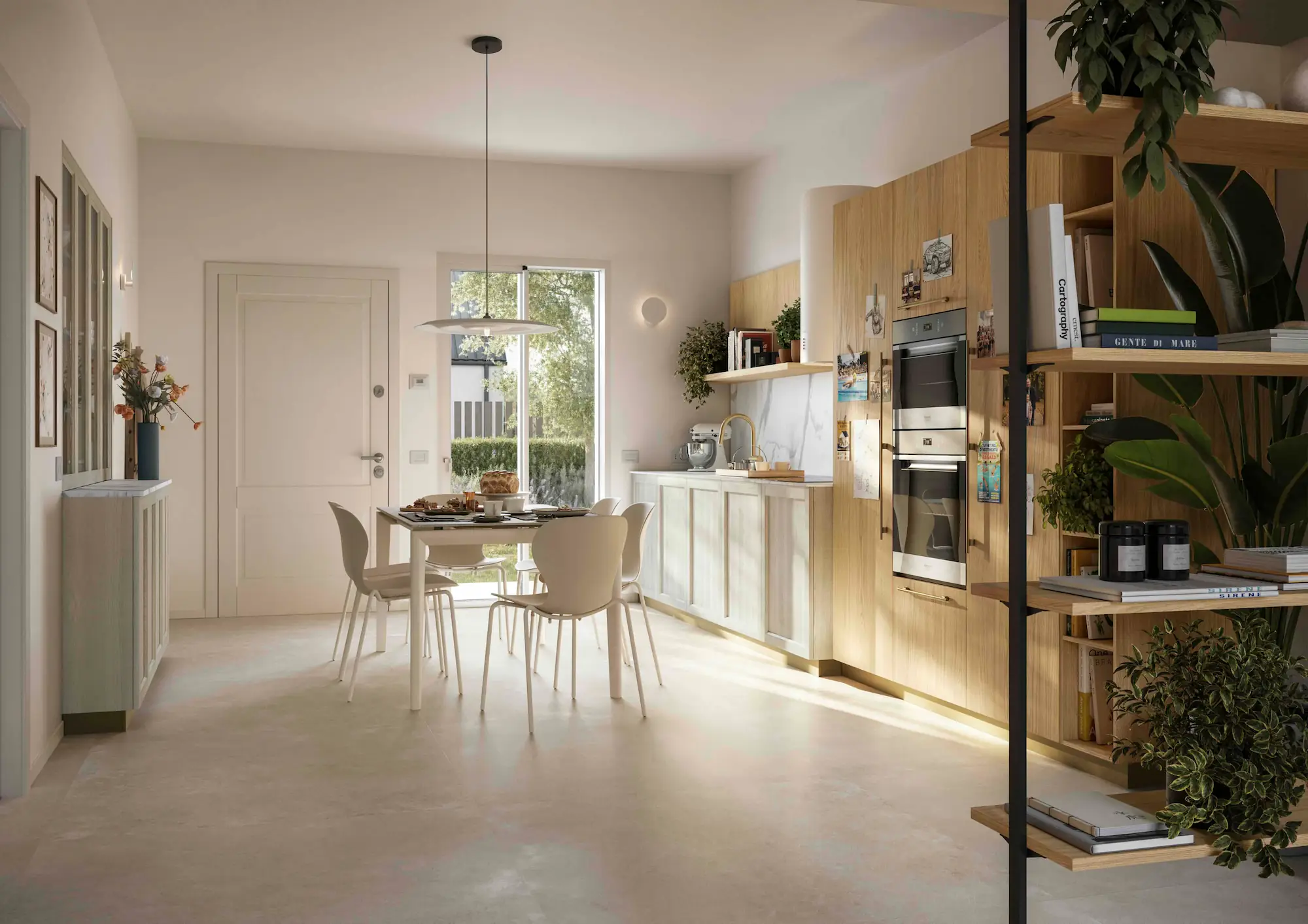 Open space di una villetta a schiera con cucina in Rovere Nordico, zona pranzo e libreria a giorno che divide gli spazi
