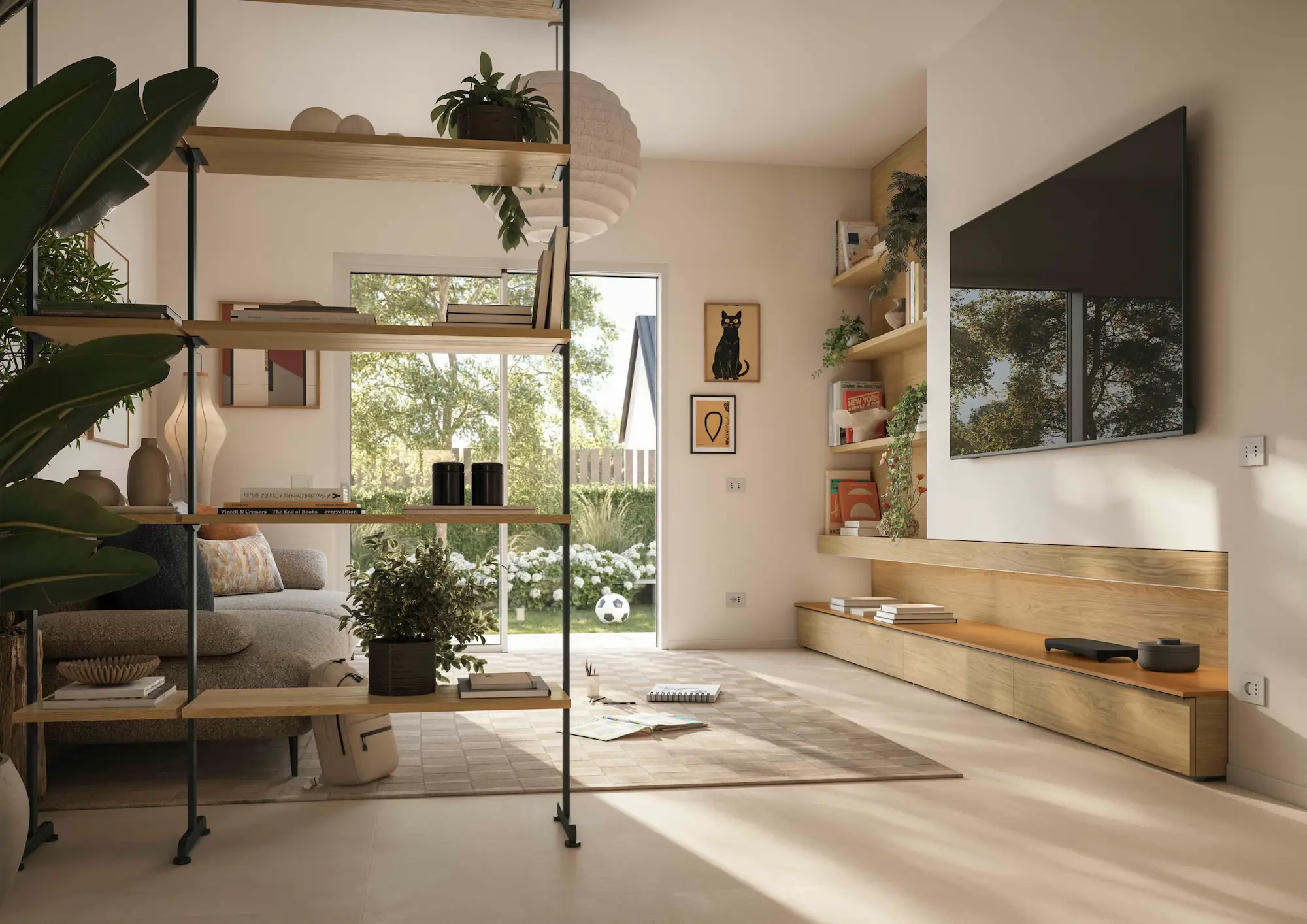 Soggiorno con parete TV in Rovere Nordico e libreria a giorno interparete che separa il divano dalla cucina