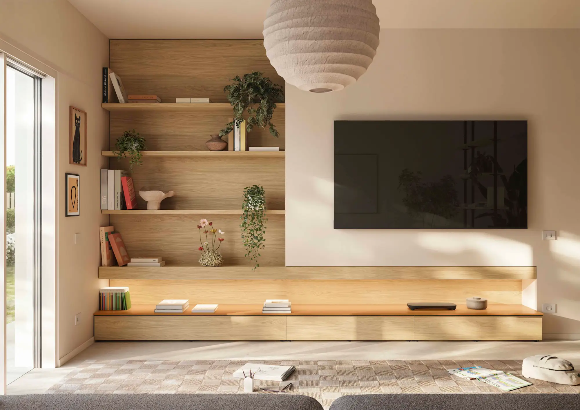 Parete attrezzata del soggiorno in Rovere Nordico con mensole illuminate e un accento di colore caldo