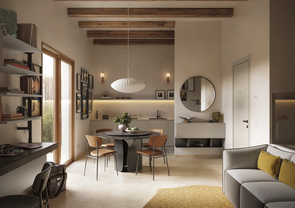 Zona giorno di un monolocale di design da 40mq
